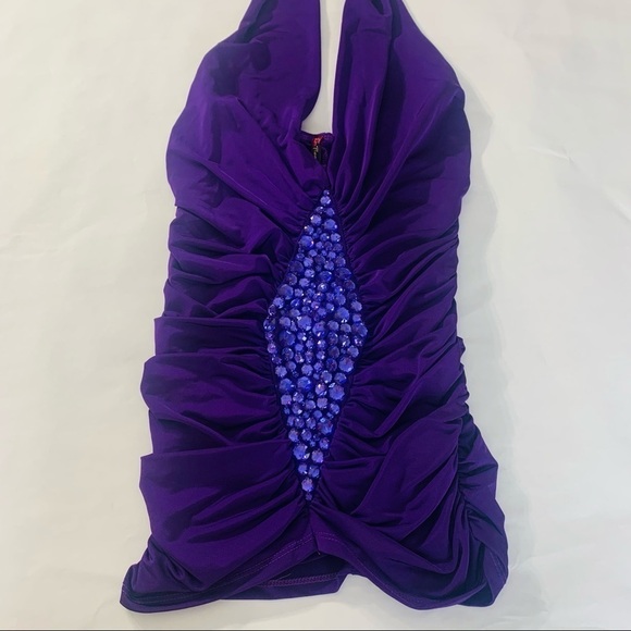 Flamingo Rouched plunging Halter Royal Purple Micro Mini Dress Small jeweled - Picture 2 of 6